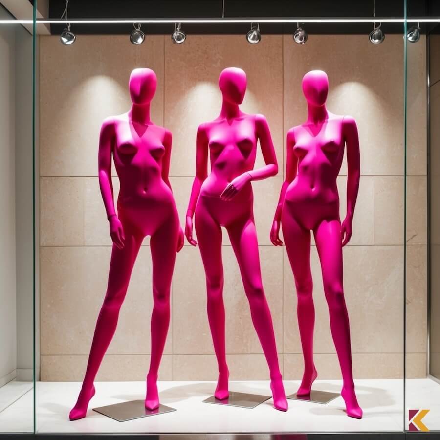 Witryna sklepowa z 3 manekinami w kolorze biskupim