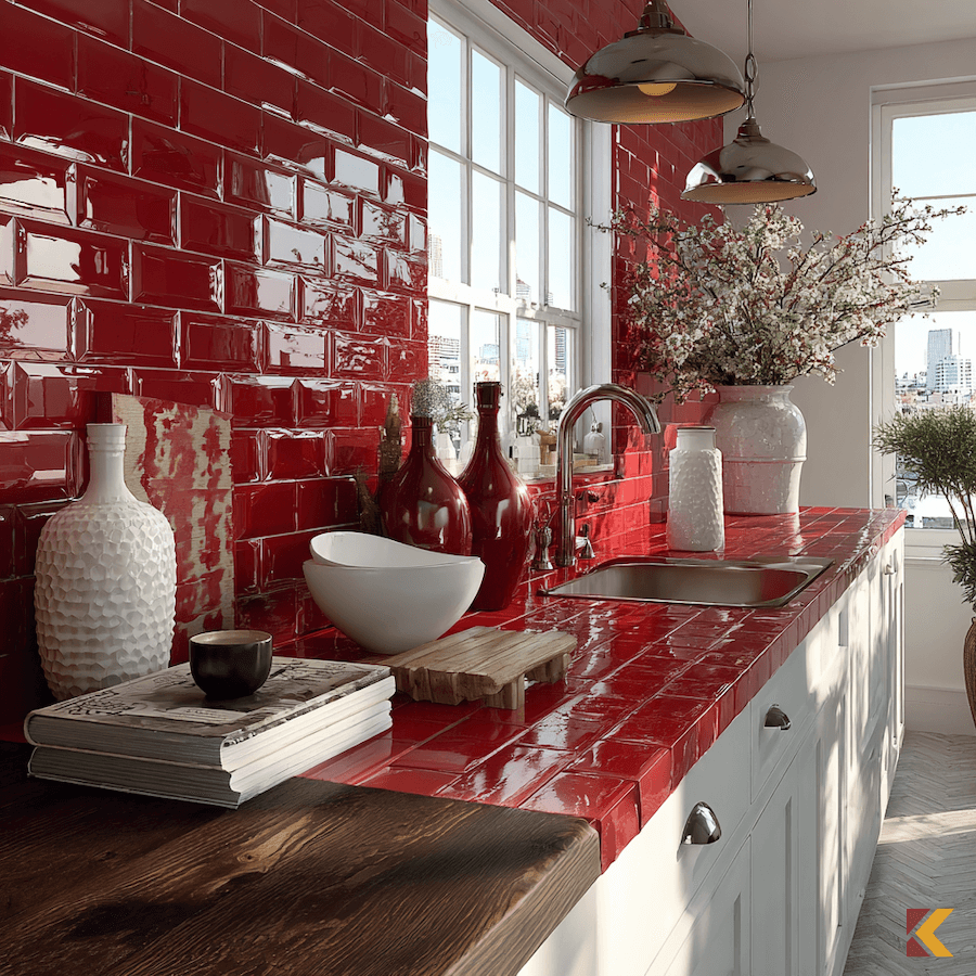 Blat i ściana w kuchni z wiśniowych płytek na połysk, blat łączony z ciemnym drewnem, białe meble