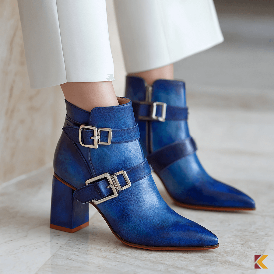 Botki niebieski indygo w połączeniu z białymi spodniami