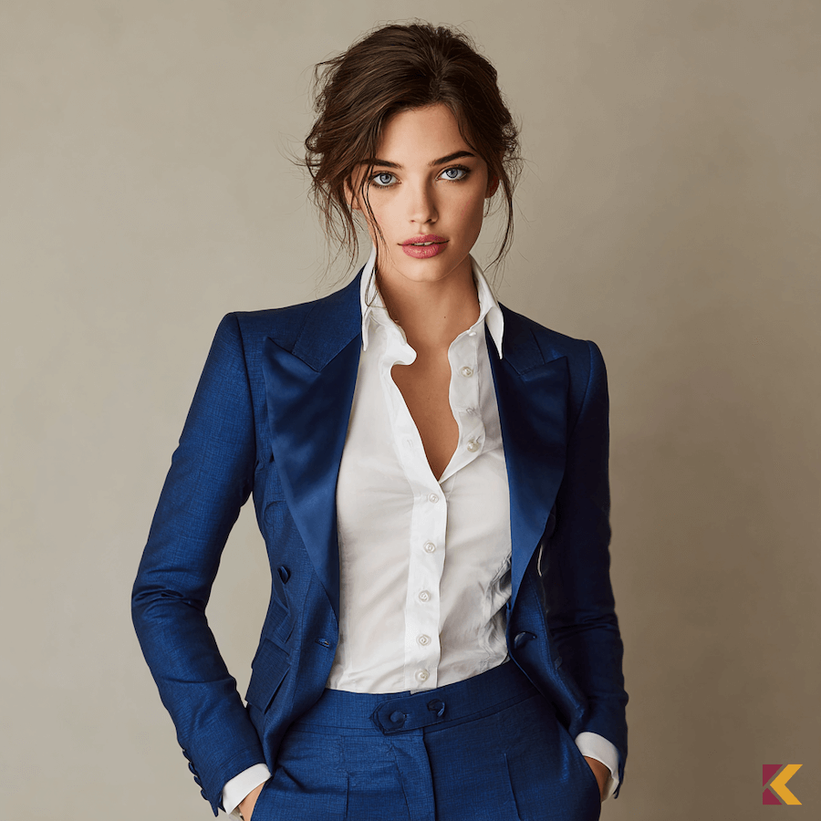Garnitur damski niebieski indygo z białą koszulą