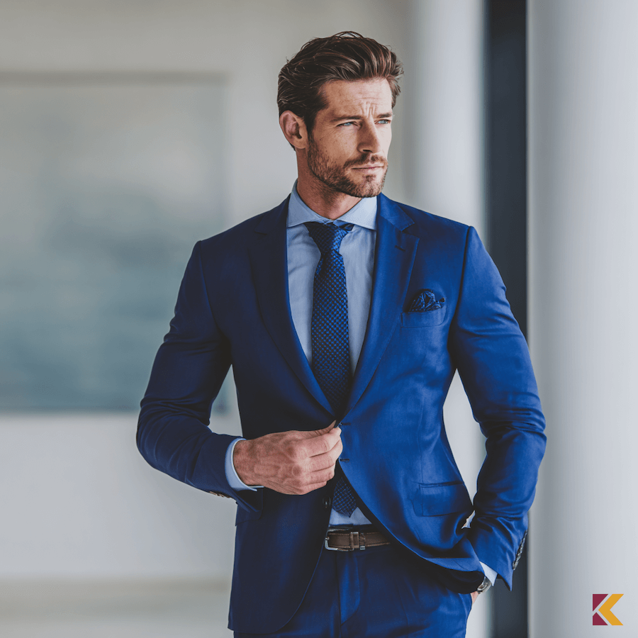 Garnitur męski w kolorze niebieski indygo z błękitną koszulą