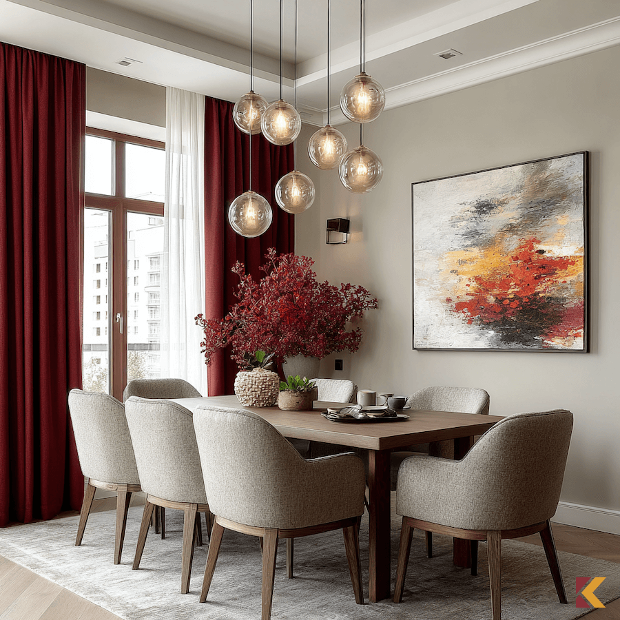 Jadalnia w odcieniach szarości i beżu, wiśniowe zasłony