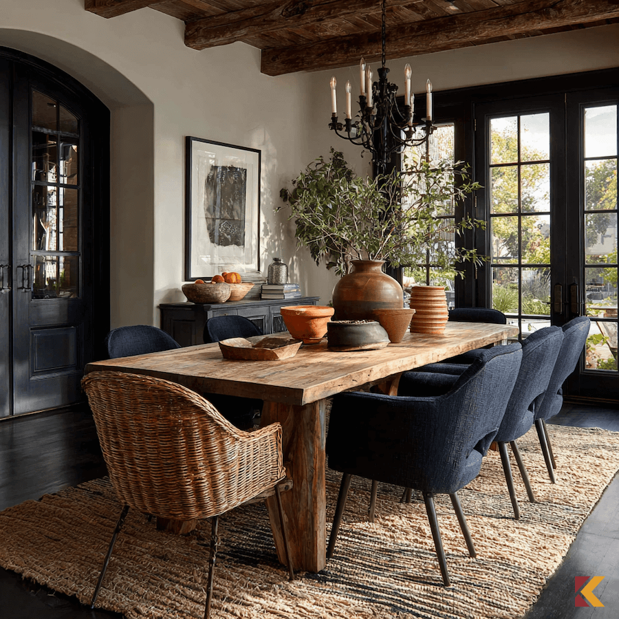 Jadalnia rustykalna, drewniany stół z litego drewna, krzesła głęboki indygo