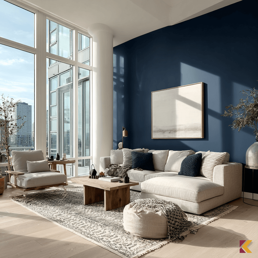 Jasny salon, ściana akcentowa w kolorze głęboki indygo