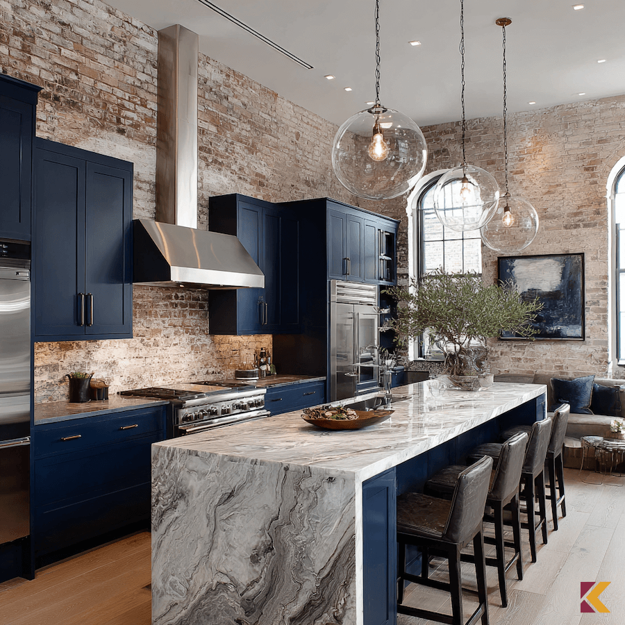 Kuchnia, szafki głęboki indygo, marmurowy blat, cegła na ścianie