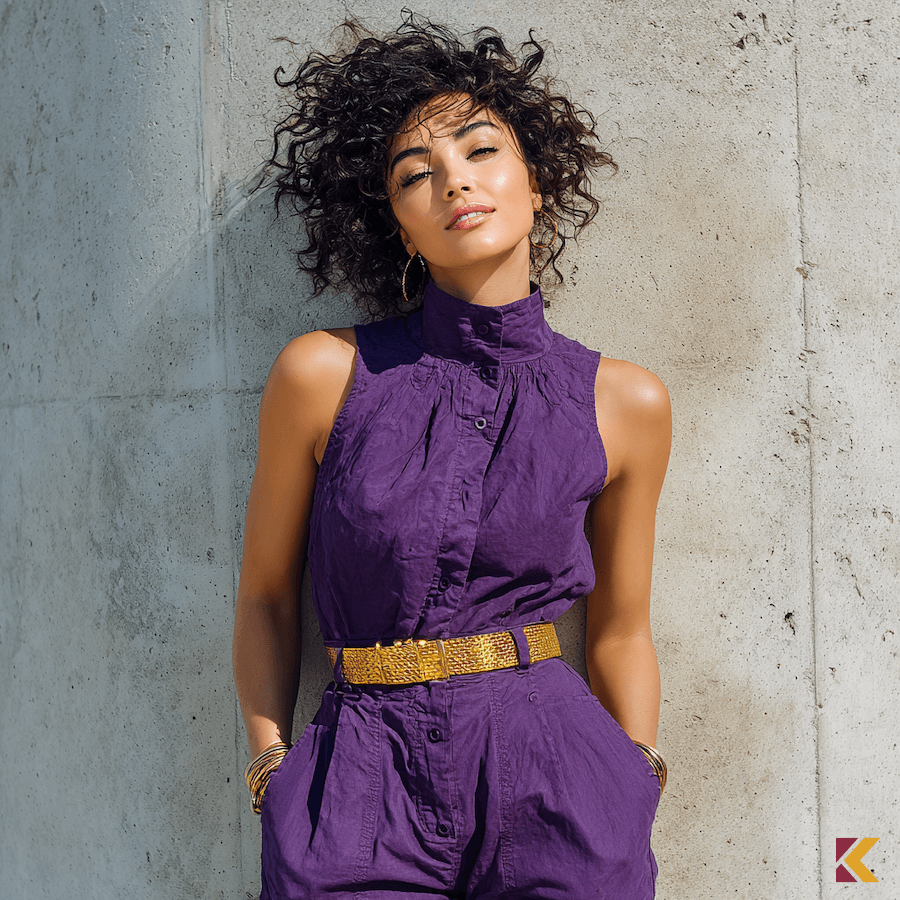 Lawendowy garnitur damski z odkrytymi ramionami