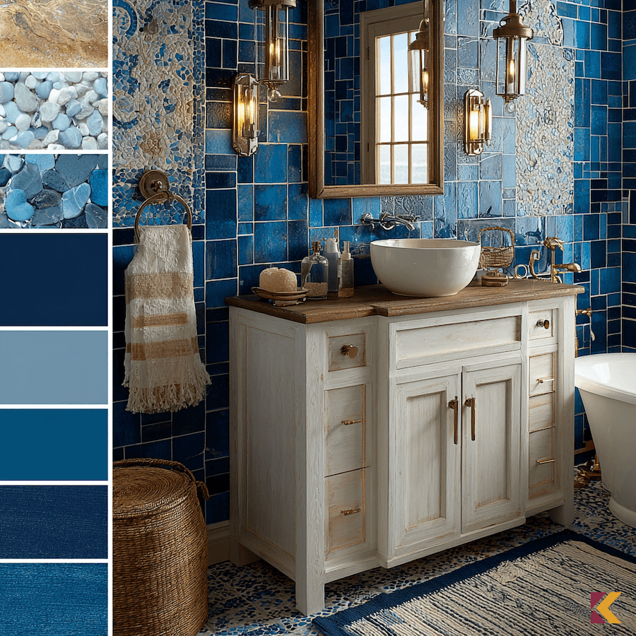Łazienka w stylu marynistycznym, szafirowy i inne odcienie niebieskiego