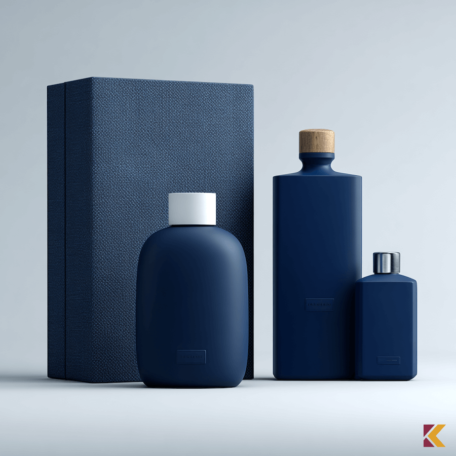 Linia produktów, butelki w kolorze głęboki indygo