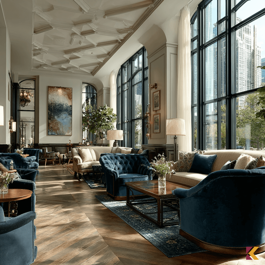 Lobby, wysoki sufit, szafirowe i kremowe sofy