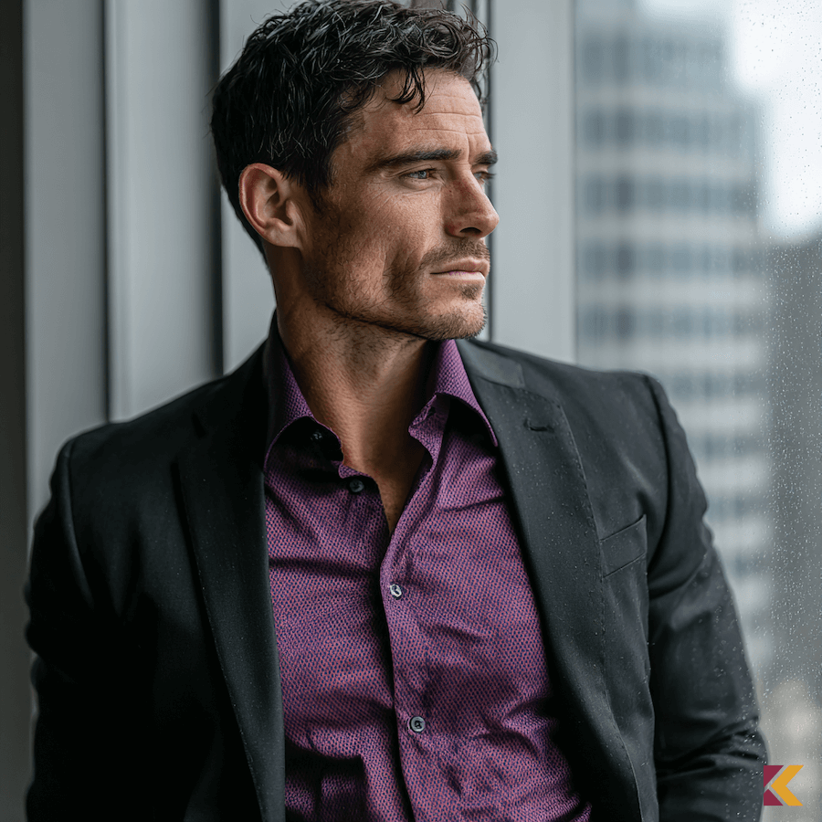 Mężczyzna w grafitowym garniturze i lawendowej koszuli