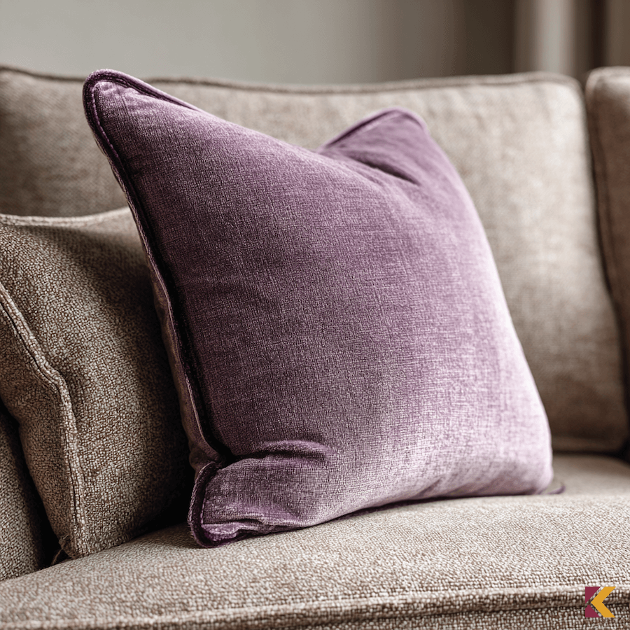 Pastelowo-lawendowa poduszka na szarej kanapie