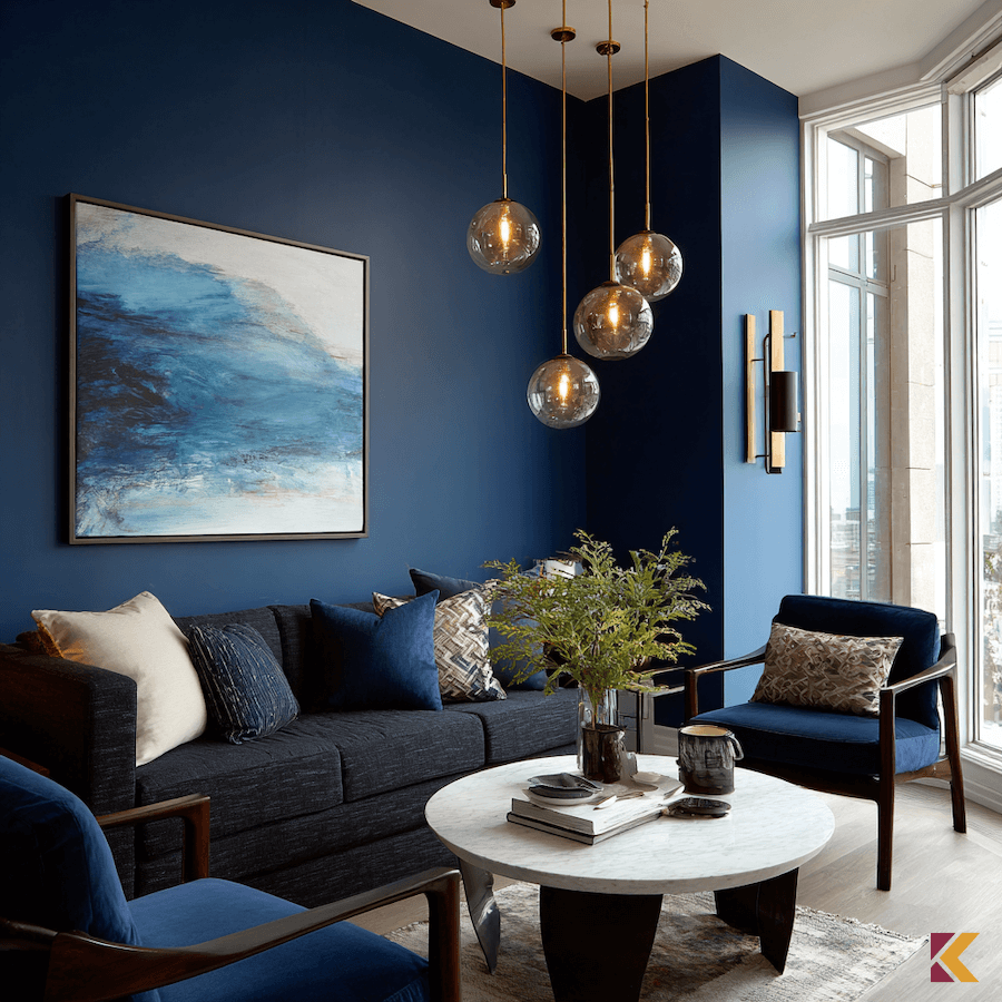 Salon, szafirowa ściana i fotele, złote i białe dodatki, grafitowa sofa