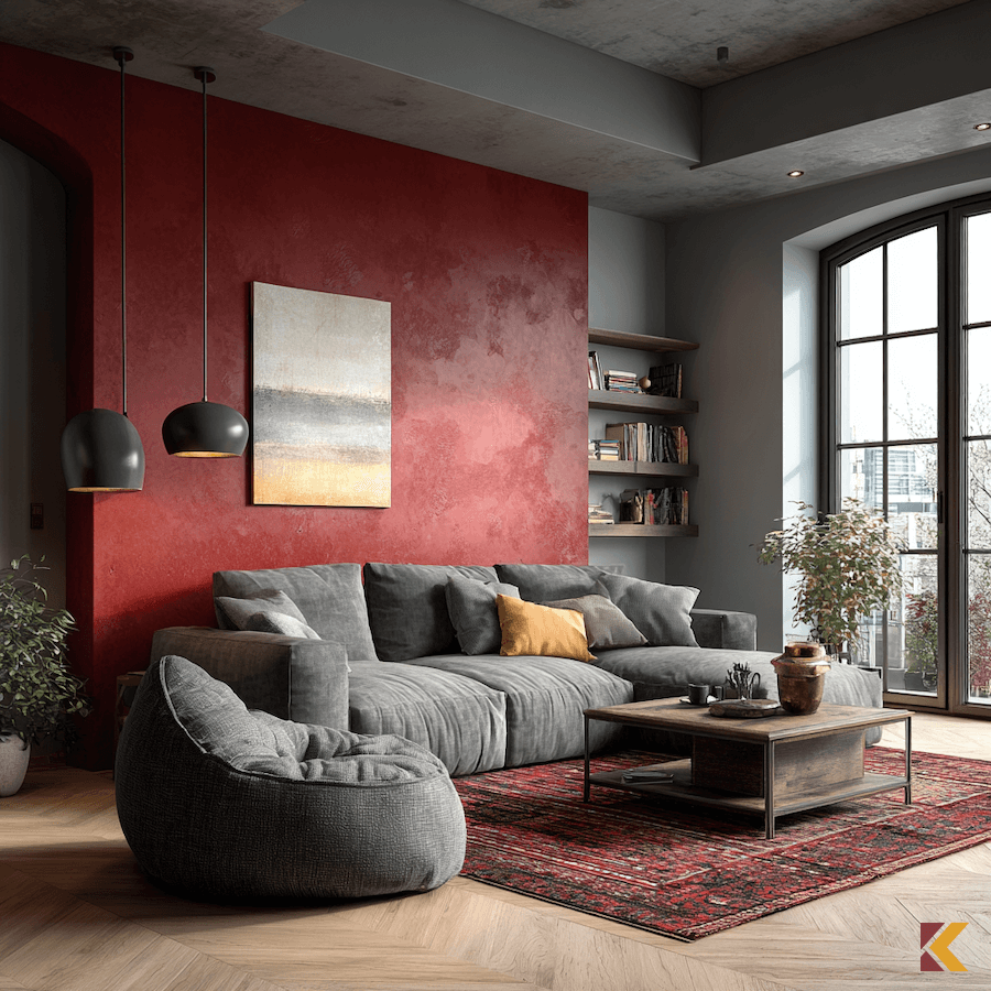 Salon, szara sofa i ściany, jasna podłoga w jodełkę, wiśniowa ściana akcentowa