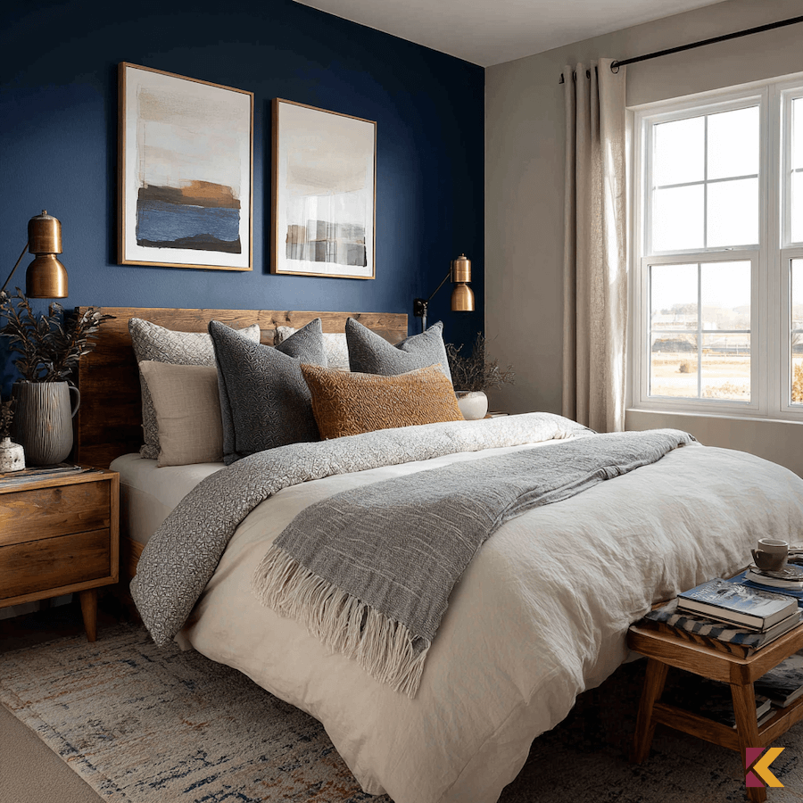 Sypialnia, drewniane łóżko, szafirowa ściana za zagłówkiem