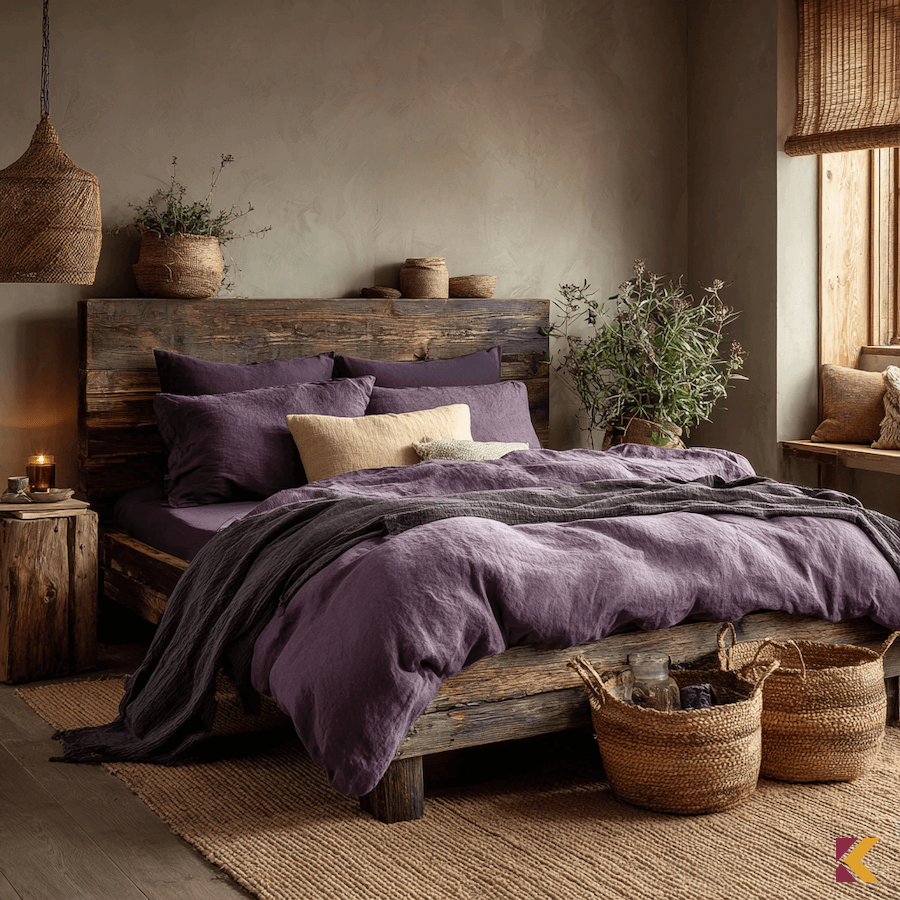 Sypialnia rustykalna, drewno, wiklinowe dodatki, lawendowa pościel