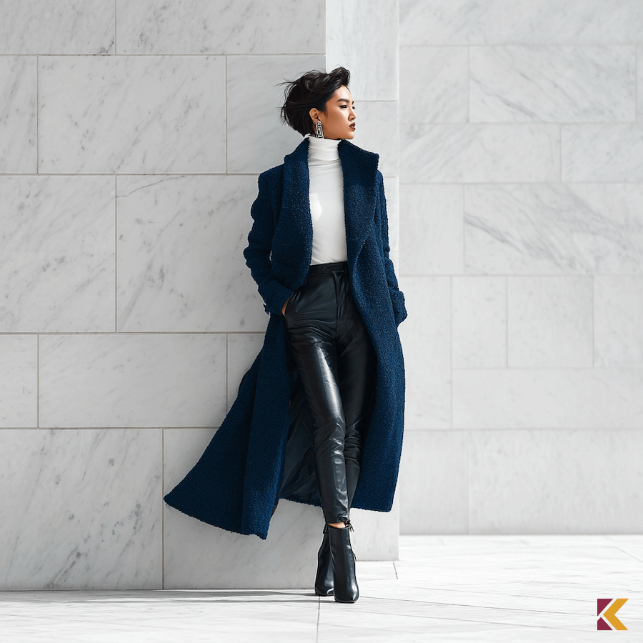 Szafirowy płaszcz, czarne botki i spodnie, biały golf