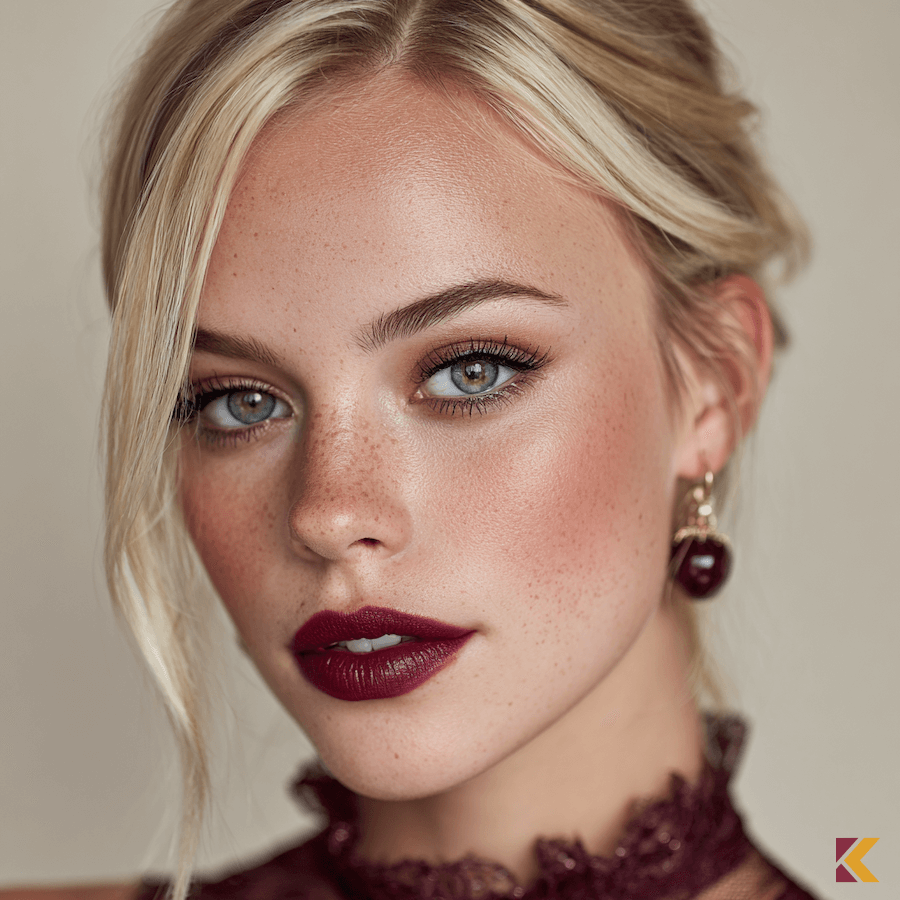 Wiśniowy, wieczorowy make up ust dobrany do koloru kolczyków i sukienki