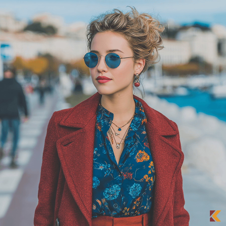 Wiśniowy płaszcz damski w zestawieniu z wzorzystą niebieską koszulą