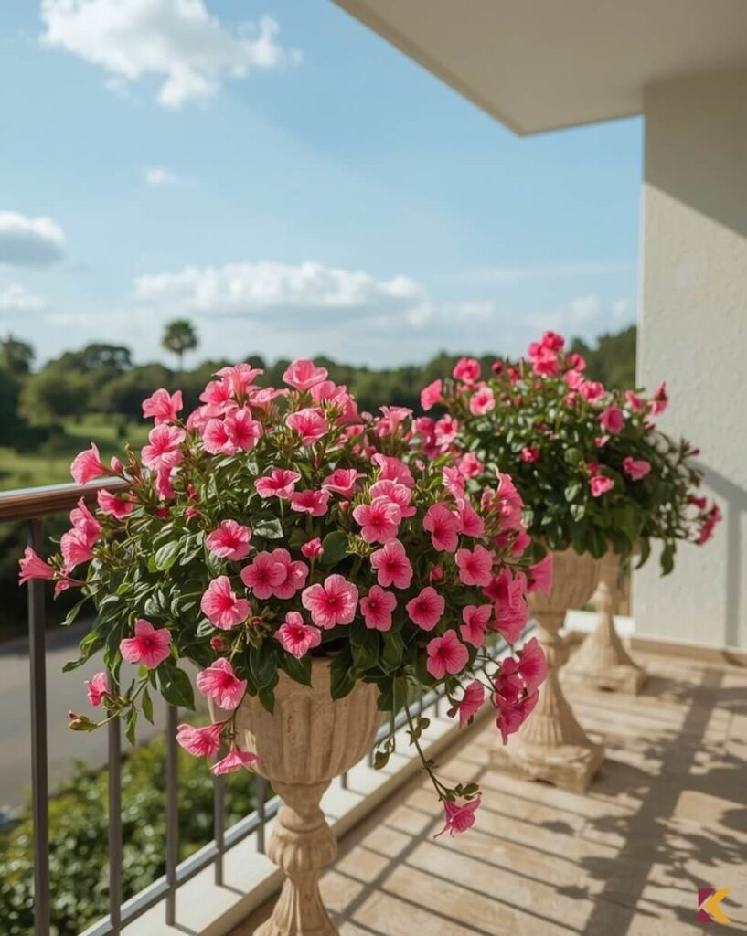 Supertunia Vista z różowymi kwiatami w wysokich donicach na balkonie