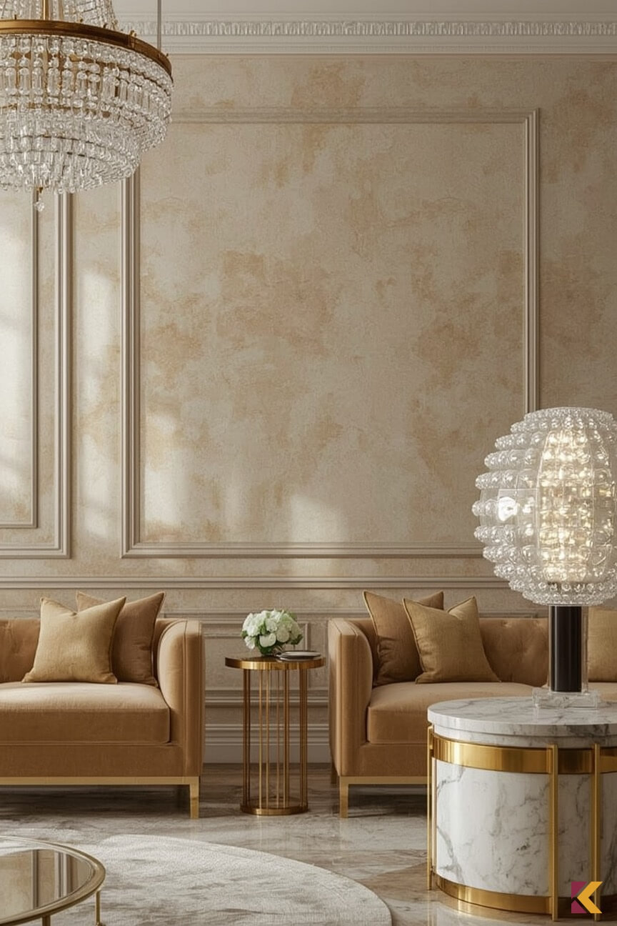 Beżowa ściana strukturalna w salonie glamour