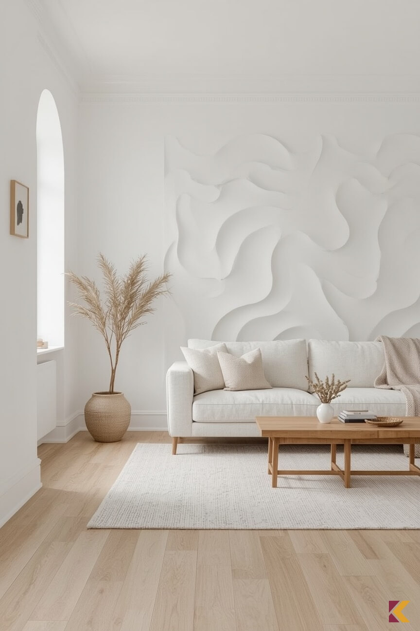 Efekt fal wykonany farbą strukturalną w salonie skandynawskim