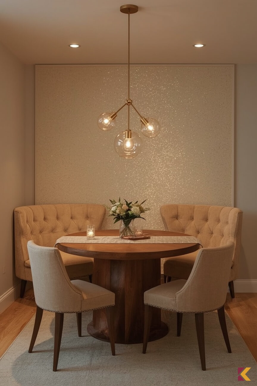 Jadalnia z beżową ścianą i złotym brokatem