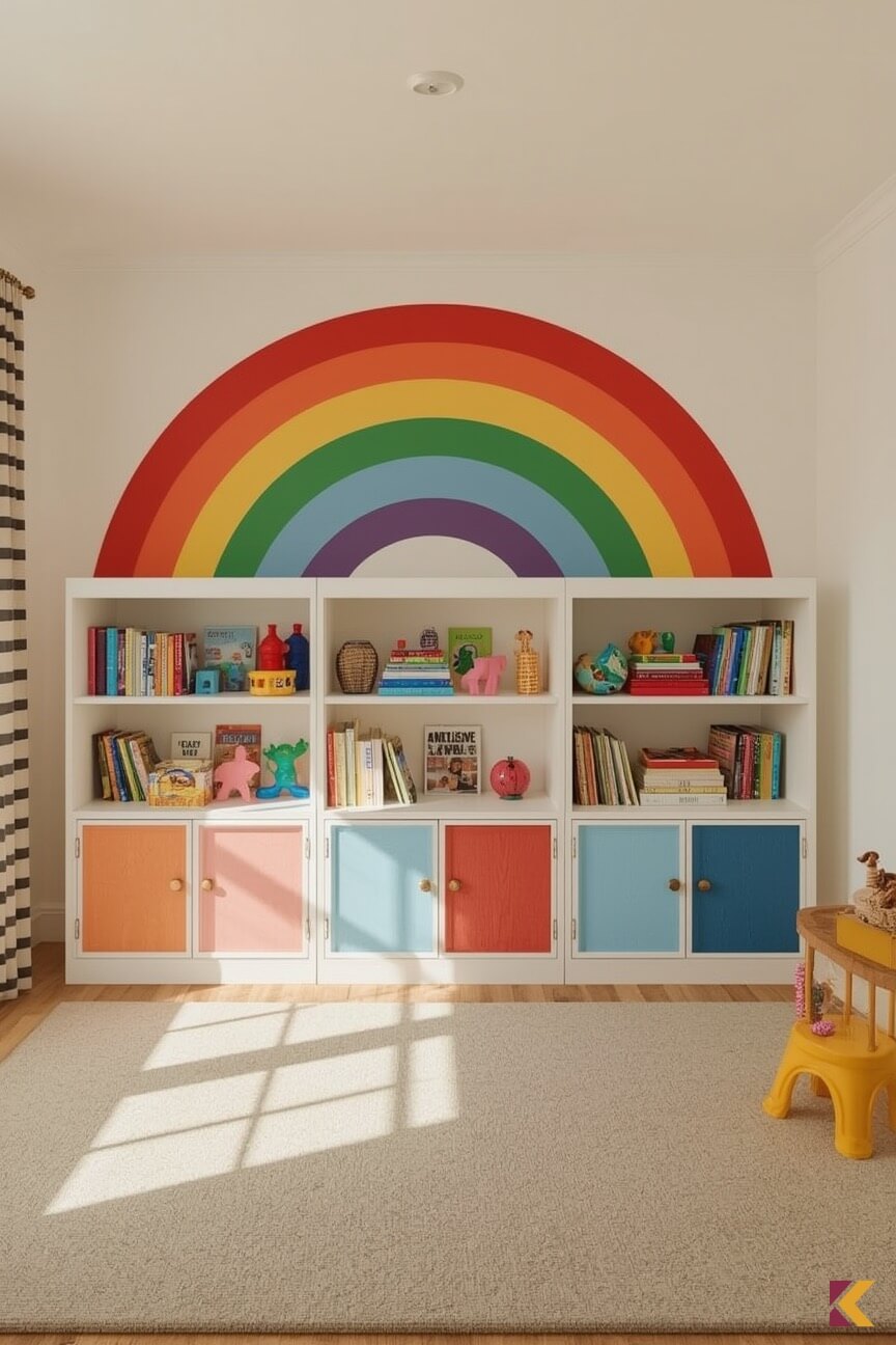 Kolorowa tęcza za komodą z zabawkami w pokoju do zabawy