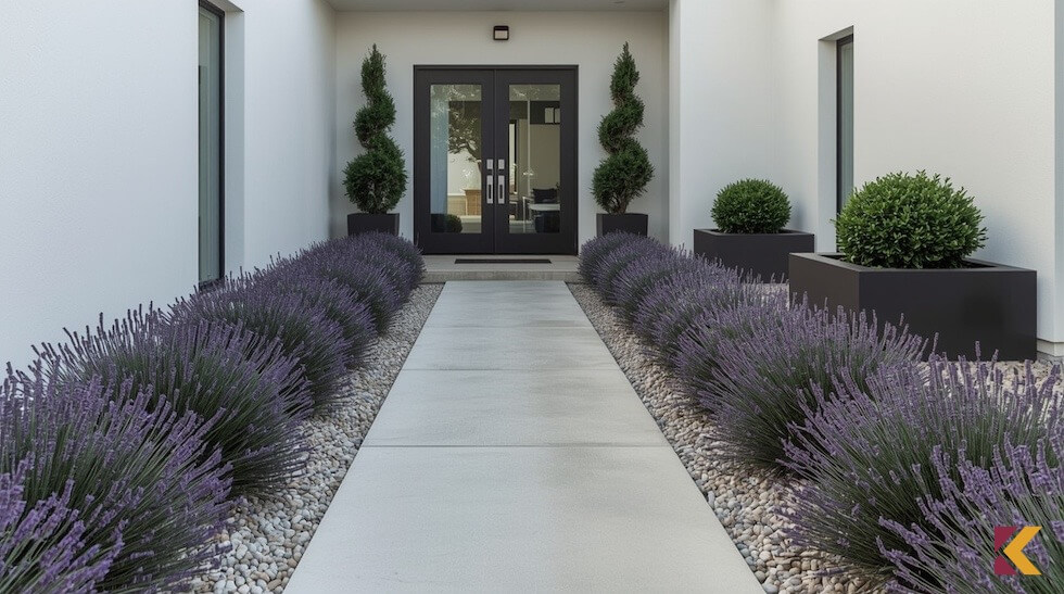 Lawenda wzdłuż chodnika do domu