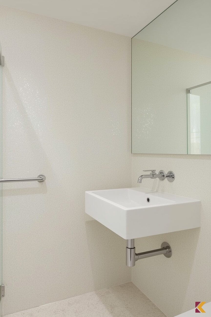 Łazienka, ściana w kolorze ivory z dodatkiem perłowego brokatu