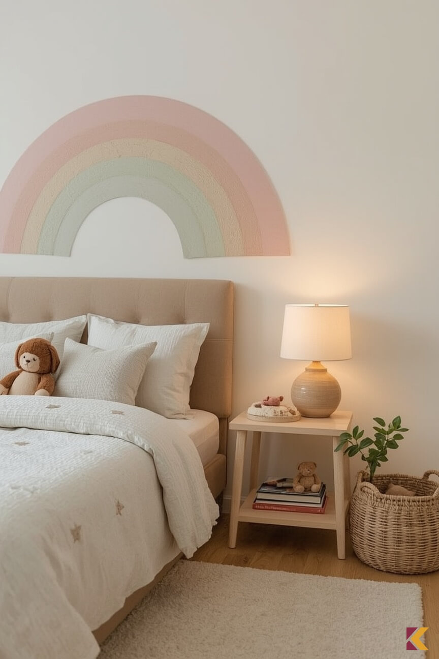 Pastelowa tęcza nad łóżkiem dziecka wykonana farbą strukturalną