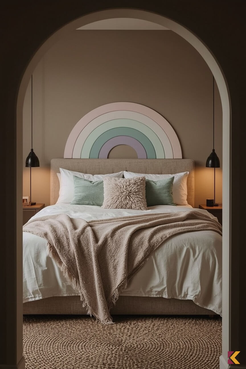 Pastelowa tęcza za zagłówkiem łóżka w sypialni