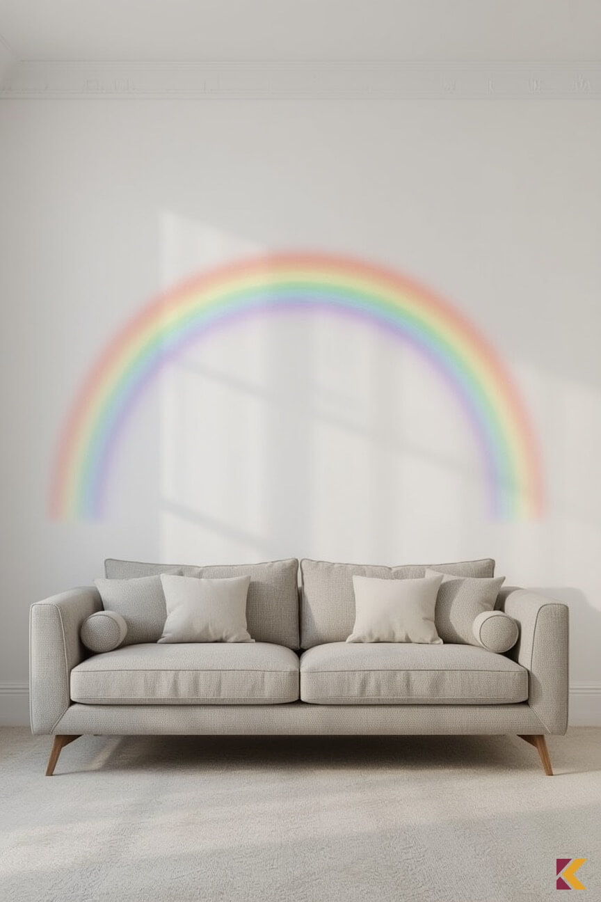 Realistyczna tęcza na ścianie nad sofą