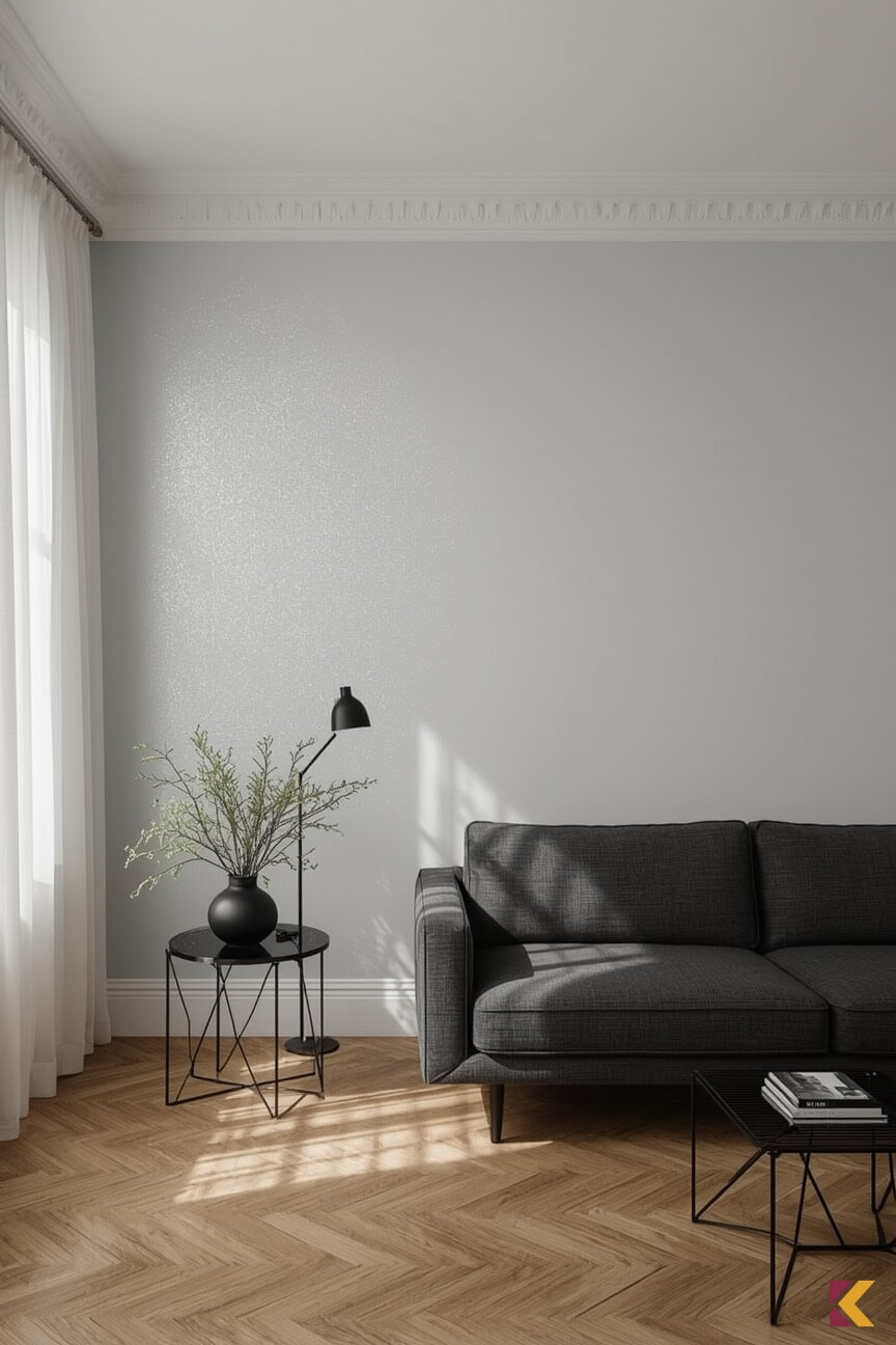Salon, szara ściana ze srebrnym brokatem
