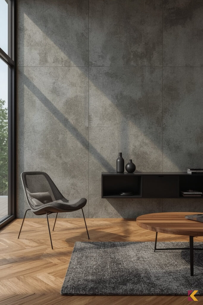 Ściana strukturalna z efektem betonu w industrialnym salonie