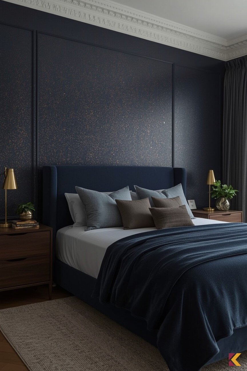 Sypialnia, granatowa ściana z miedzianymi drobinkami brokatu