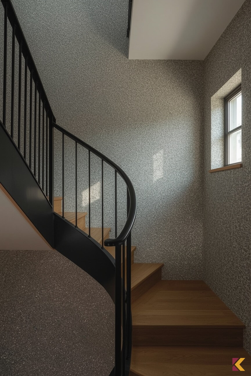 Sara ściana ze srebrnym brokatem na klatce schodowej