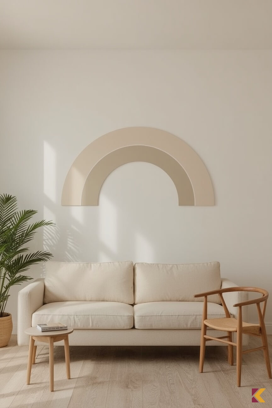 Beżowa tęcza monochromatyczna nad kanapą w salonie