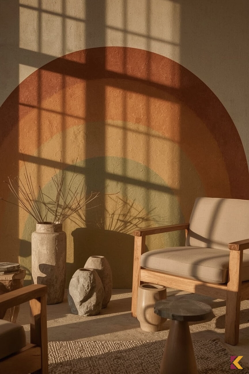 Tęcza w salonie boho, zgaszone kolory