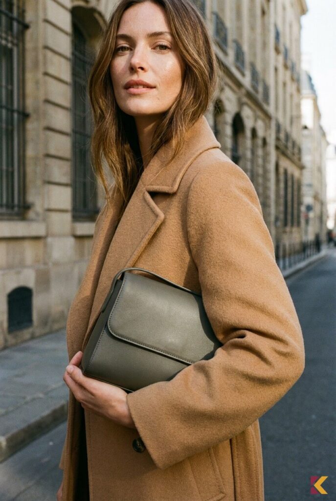 Torebka w kolorze fango jako akcent do płaszcza camel w miejskiej stylizacji