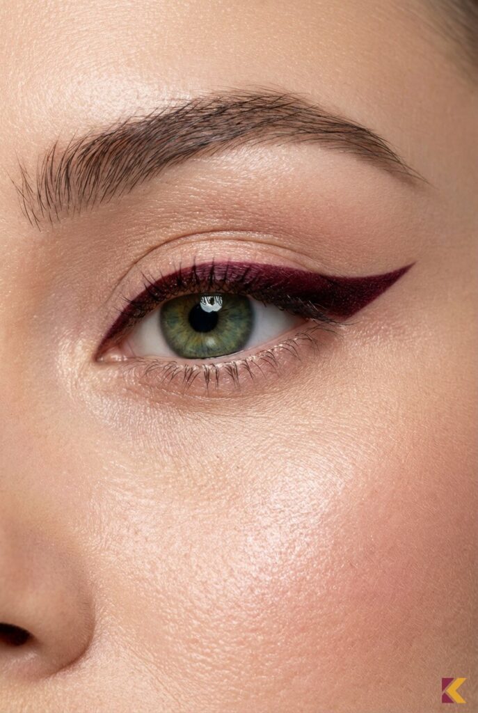 Zbliżenie na zielone oko z kreską eyelinerem w odcieniu śliwkowym i bordowym