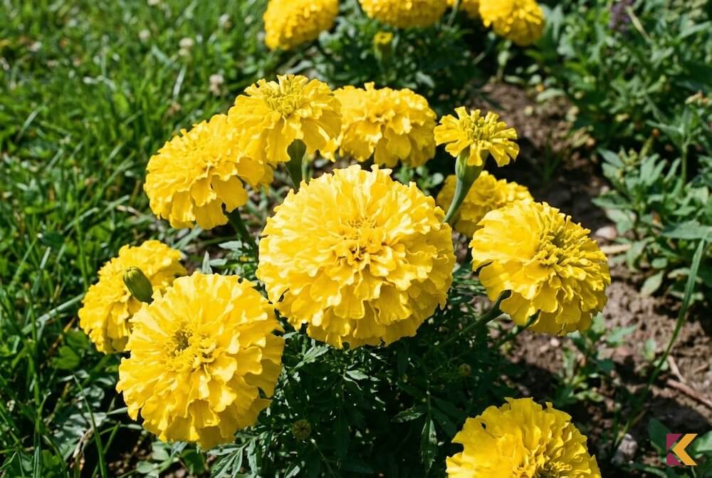 Żółte kwiaty aksamitki odmiany Alaska rosnące w ogrodzie