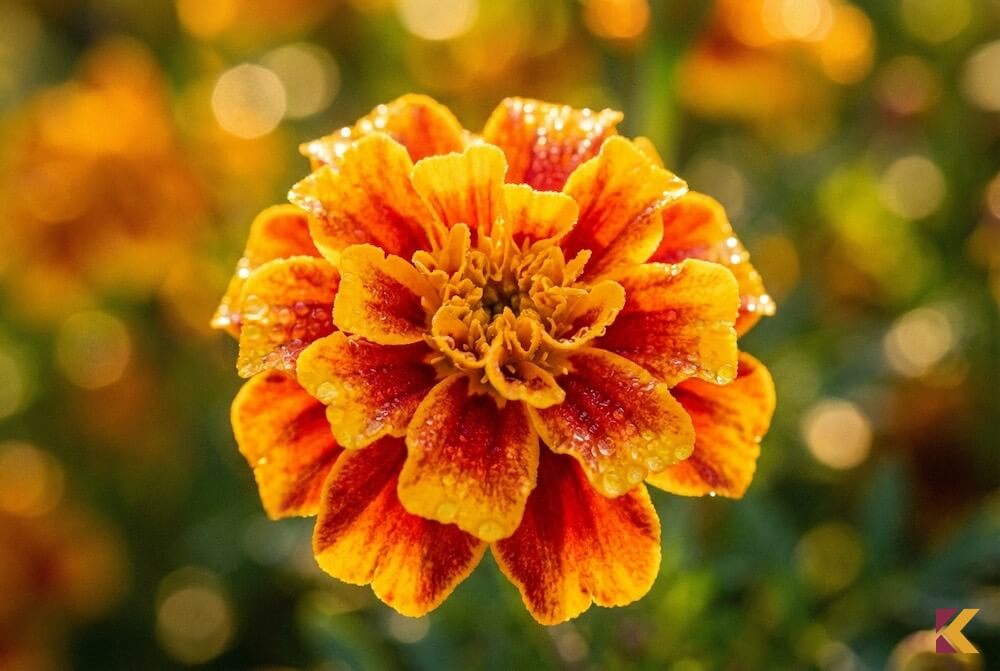 Aksamitka 'Mr. Majestic' w donicy, widoczne mahoniowo-żółte pasy na płatkach