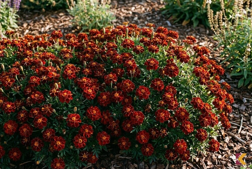 Aksamitka odmiany 'Carmen' o ciemnoczerwonych płatkach ze złotą obwódką