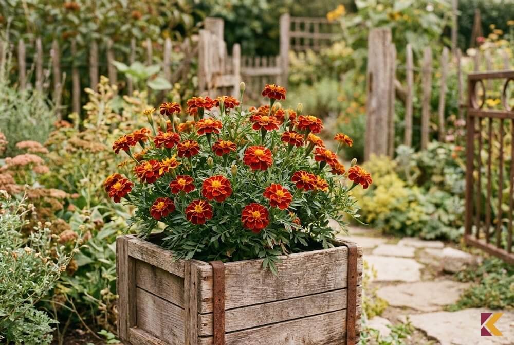 Czerwone aksamitki Carmen w rustykalnej drewnianej skrzynce ogrodowej