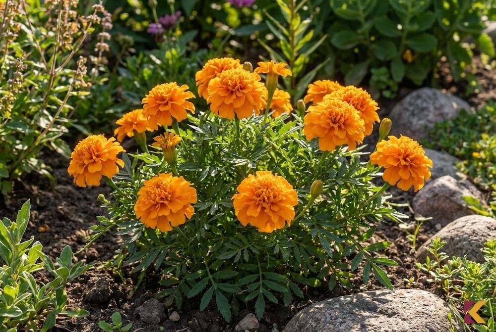 Duże, pomarańczowe, kuliste kwiaty aksamitki 'Hawaii' w ogrodzie