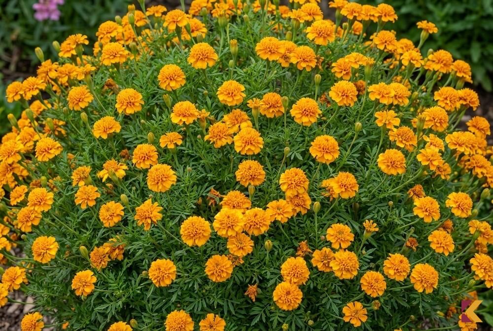 Intensywnie pomarańczowa aksamitka wąskolistna Golden Gem Ursula w ogrodzie