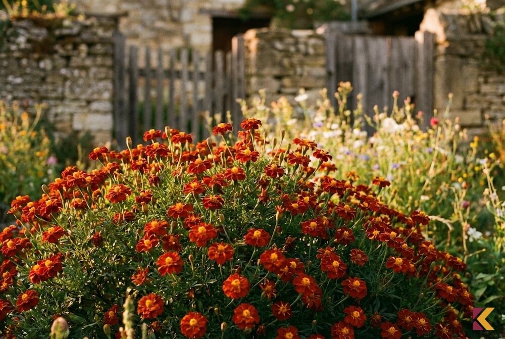 Ceglasto-czerwona aksamitka Red Gem z żółtym środkiem w ciepłym świetle słonecznym