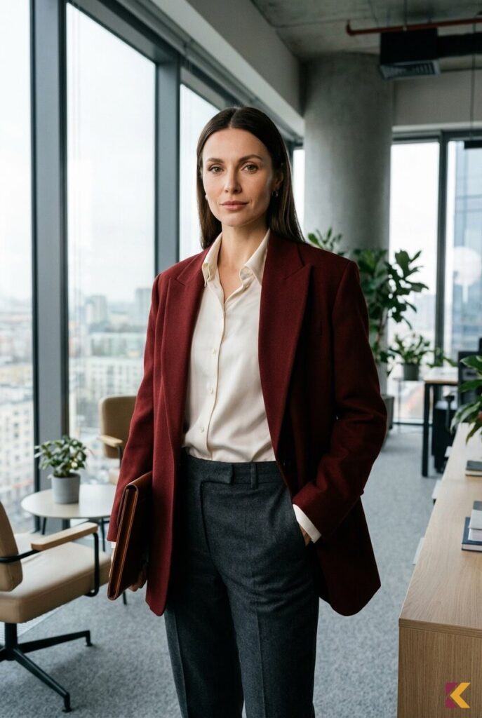 Stylizacja biurowa z marynarką oversize i jedwabną koszulą oraz spodniami cygaretkami