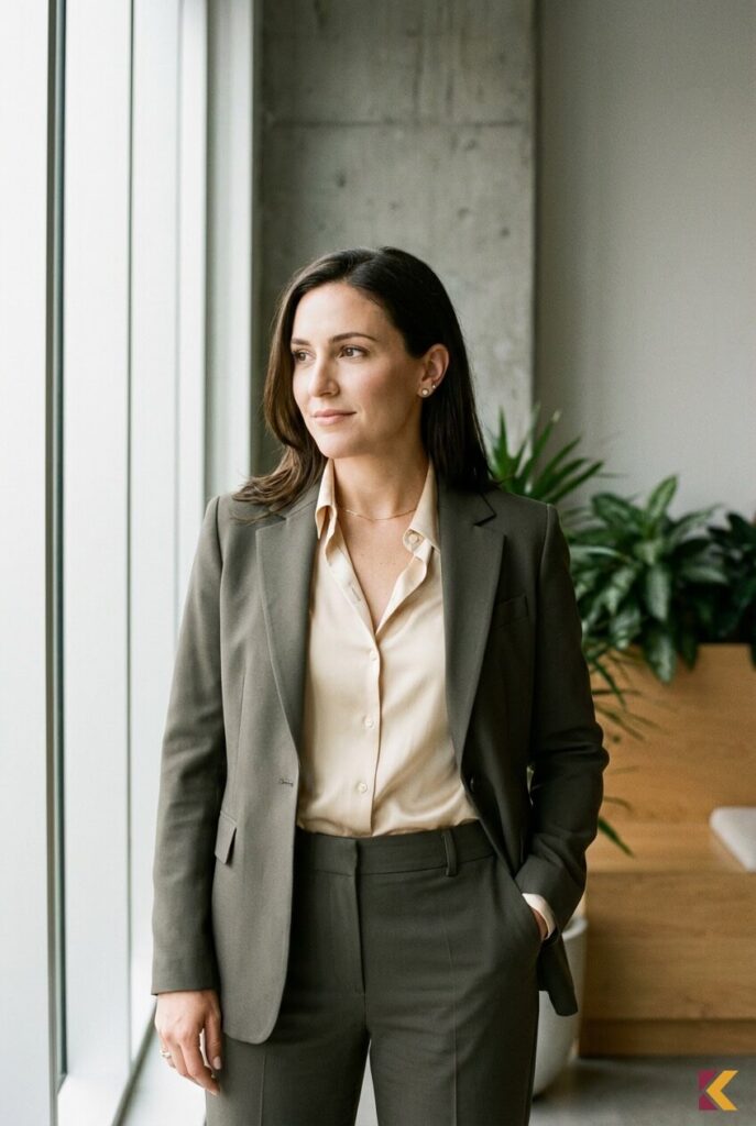 Damski garnitur fango z jedwabną bluzką w odcieniu szampańskim w nowoczesnym biurze