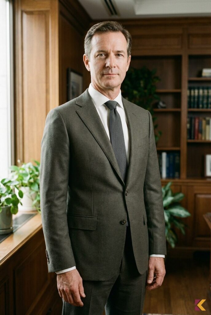 Męski garnitur fango z koszulą w kolorze perłowym w eleganckim biurowym kadrze